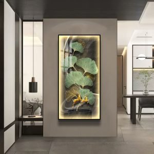Framed LED Ginkgo Leaf With Deer 5D Acrylic Diamond Crystal Porcelain Abstract Painting Art Wall Home Decor