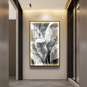 Luxury Modern Abstract Banana Leaves Vertical Crystal Porcelain Wall Decor Art Painting