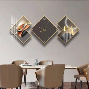3 Piece Modern Geometric Wall Clock Decor Set Painting Wall Clocks with Gold Frame