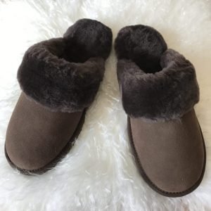 Mens Dark Brown Genuine Leather Sheepskin Slip On Shearling Mule Slippers