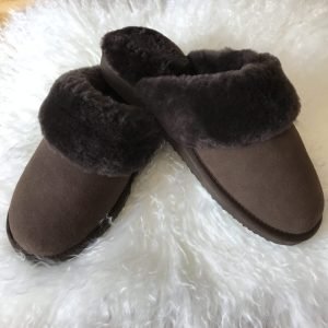 Mens Dark Brown Genuine Leather Sheepskin Slip On Shearling Mule Slippers